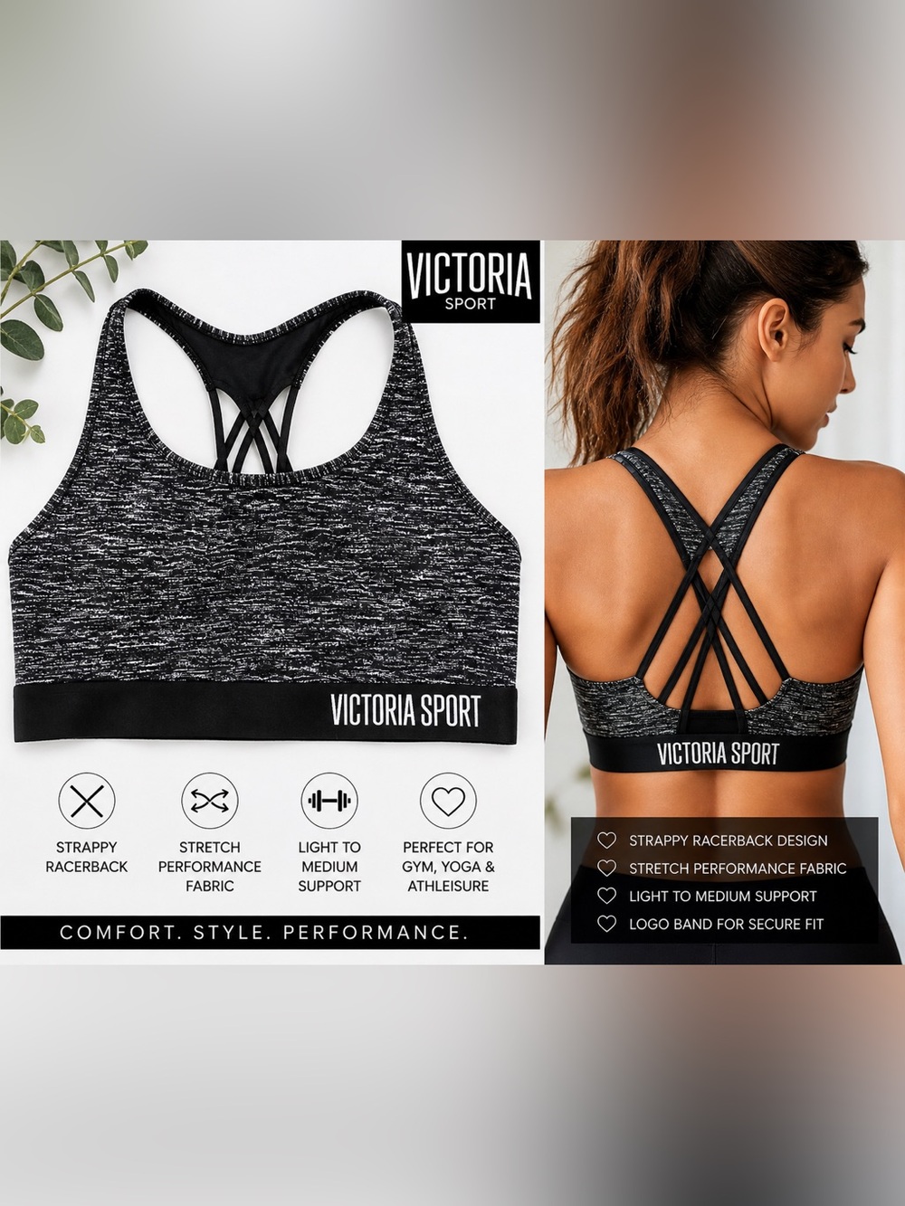 Victoria Sport Black Gray Strappy Racerback Sports Bra Logo Athletic Activewear